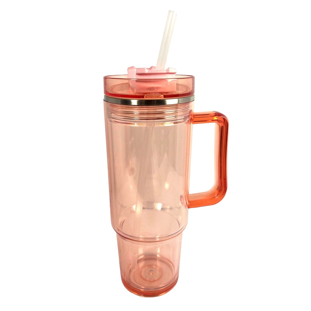 Peach Pink Tumbler With Handle Straw Lid Reusable Travel Cup 9.5 Inch